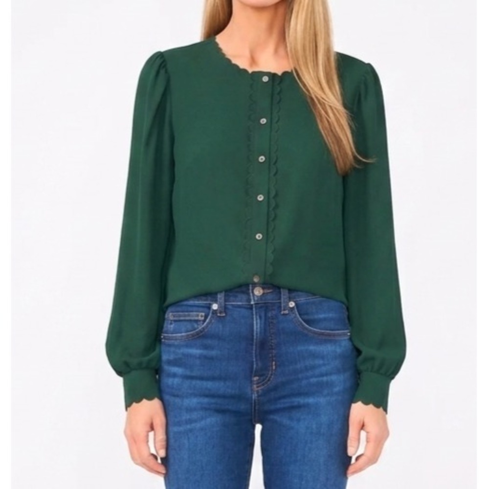 CeCe Women Blouse Forest Green Button-Up Top Long Sleeve Size Small